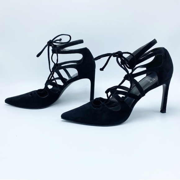 Stuart Weiztman size 6.5 Black Suede Lace Up Heels / Pumps - Picture 5 of 11